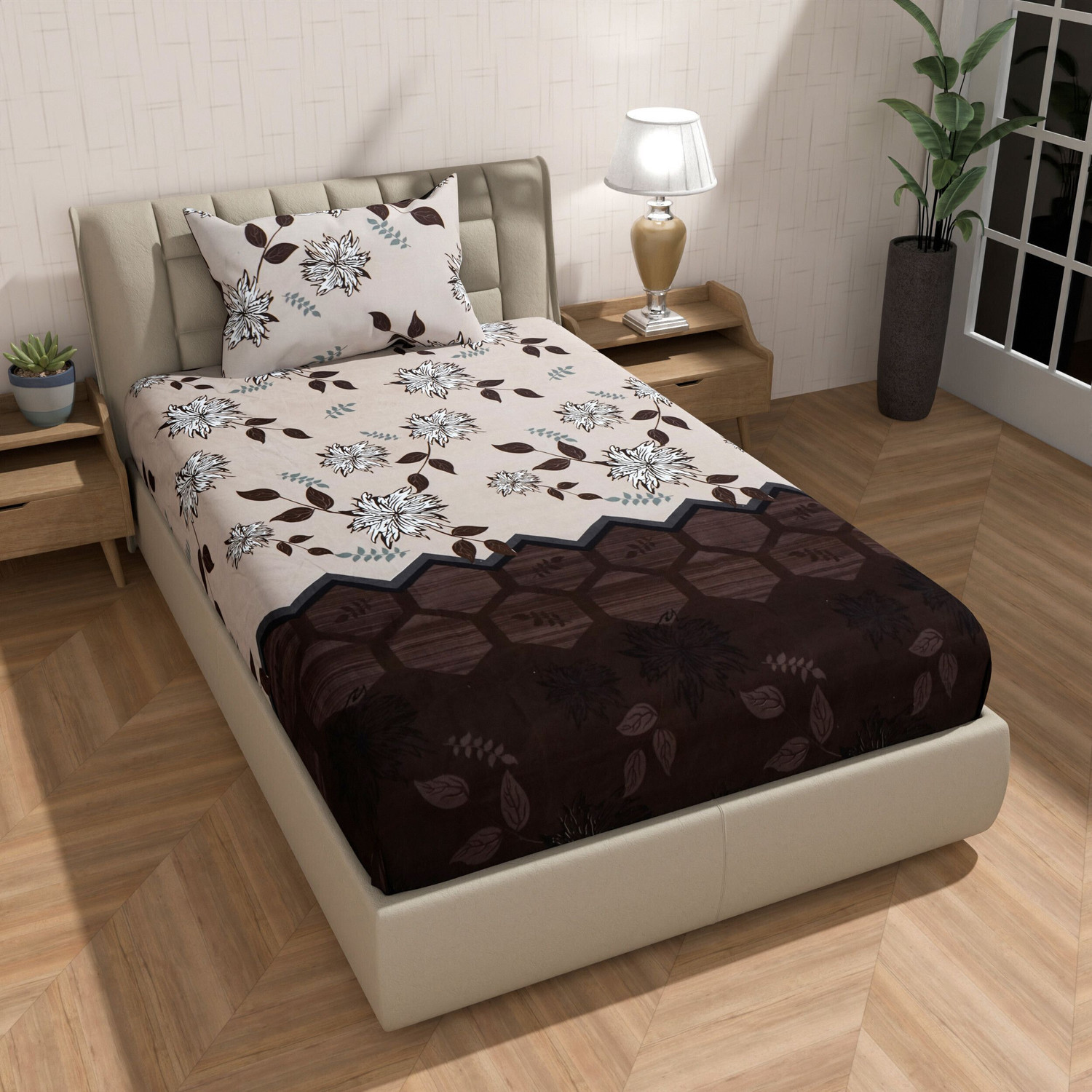Image of CRAFTEAL Cotton Double Fitted (Elastic) 200 TC Floral 1 Summer Bedsheet with 2 Pillow Covers