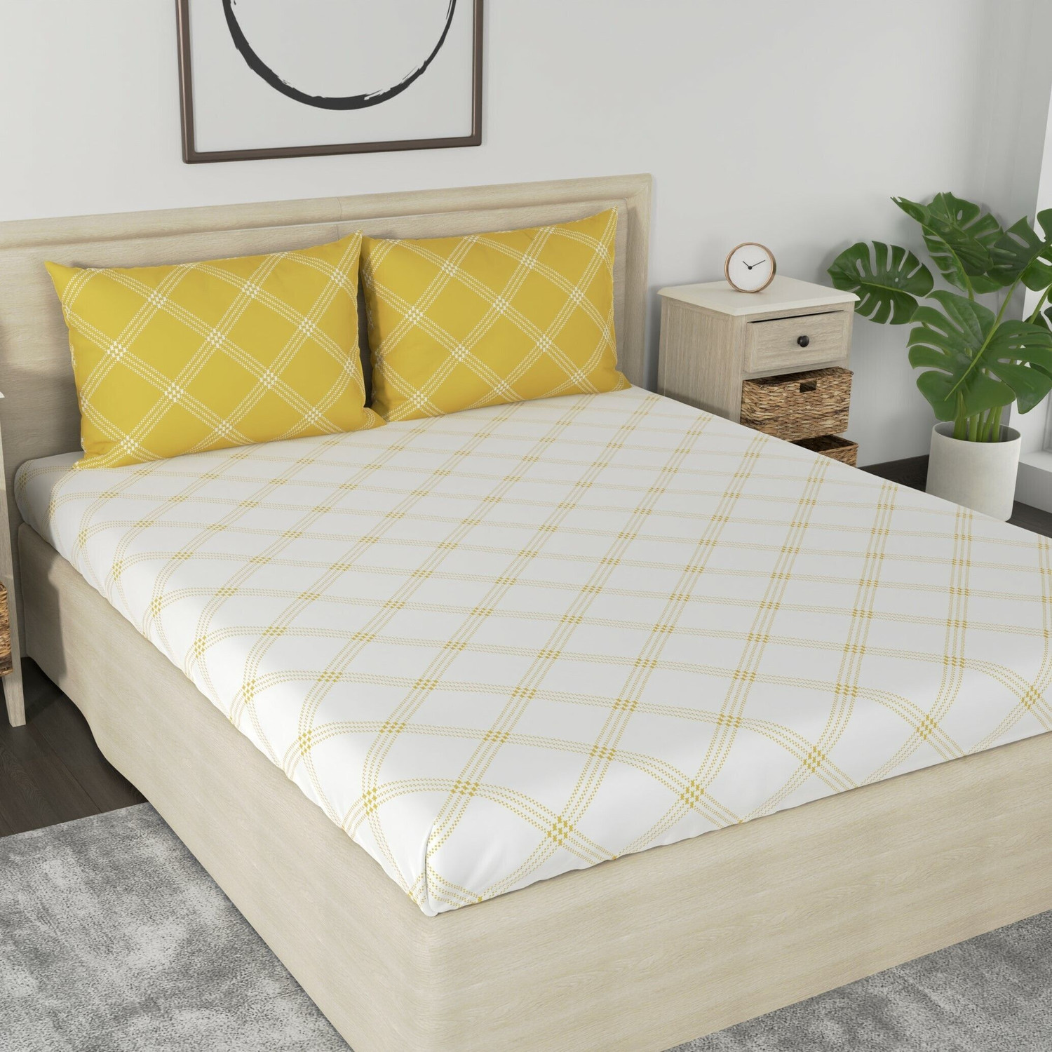 Image of Huesland Cotton King Flat 210 TC Geometric 1 Bedsheet with 2 Pillow Covers