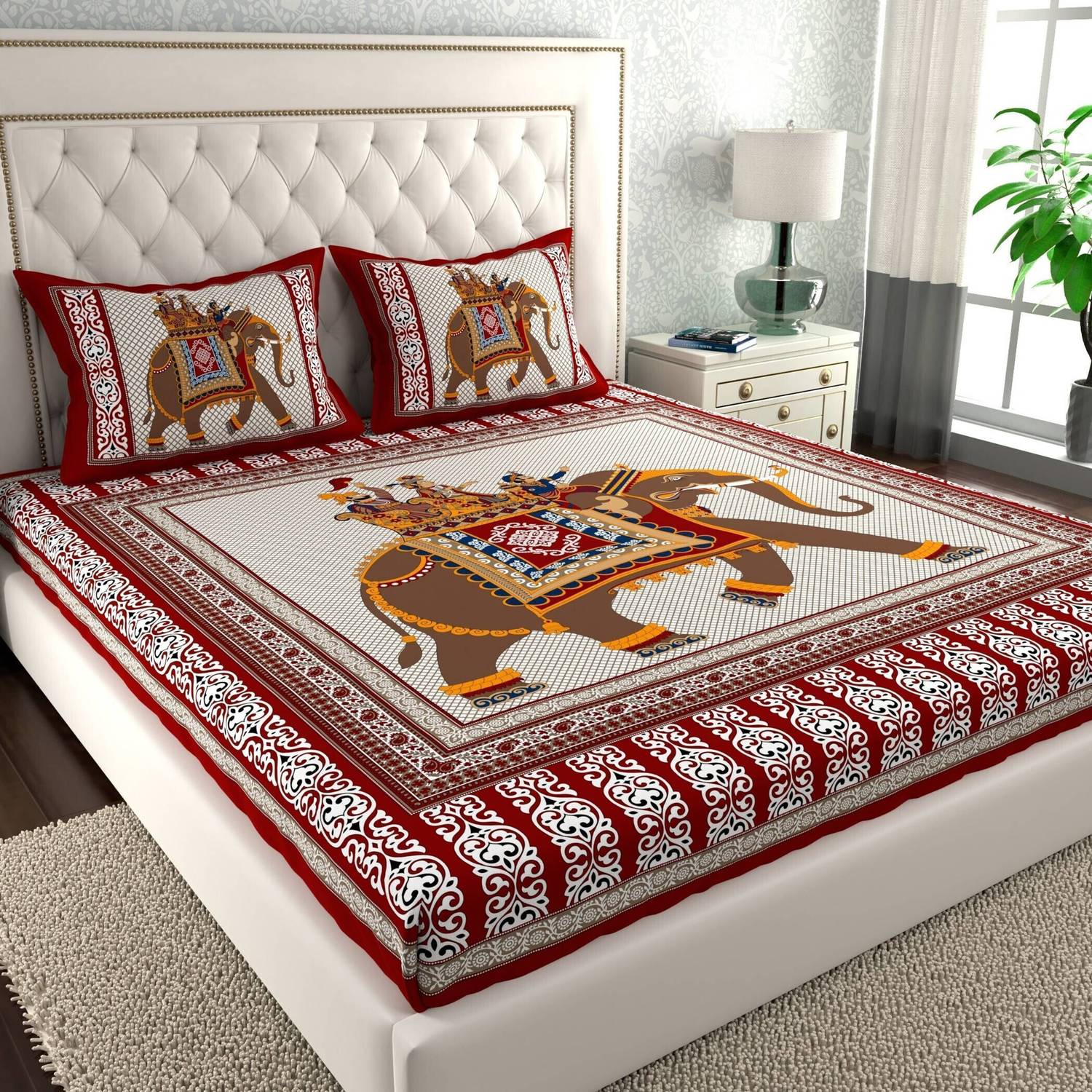 CLOTHOLOGY Cotton Double Flat 144 TC Jaipuri Prints 1 Bedsheet wi