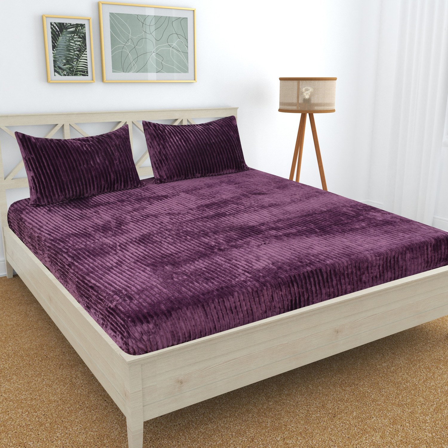 Image of CLOVIS KRAFTS Woolen King Fitted (Elastic) 240 TC Striped 1 Bedsheet with 2 Pillow Covers