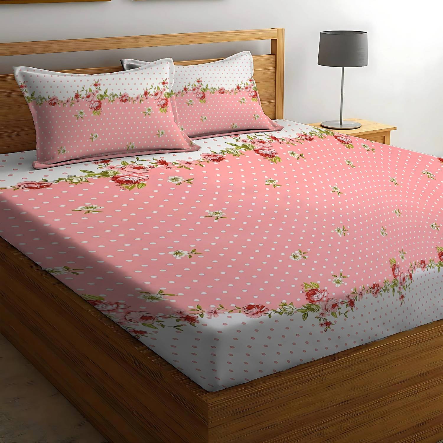 BEDORISM Cotton King Fitted (Elastic) 300 TC Printed 1 Bedsheet with 2 Pillow Covers