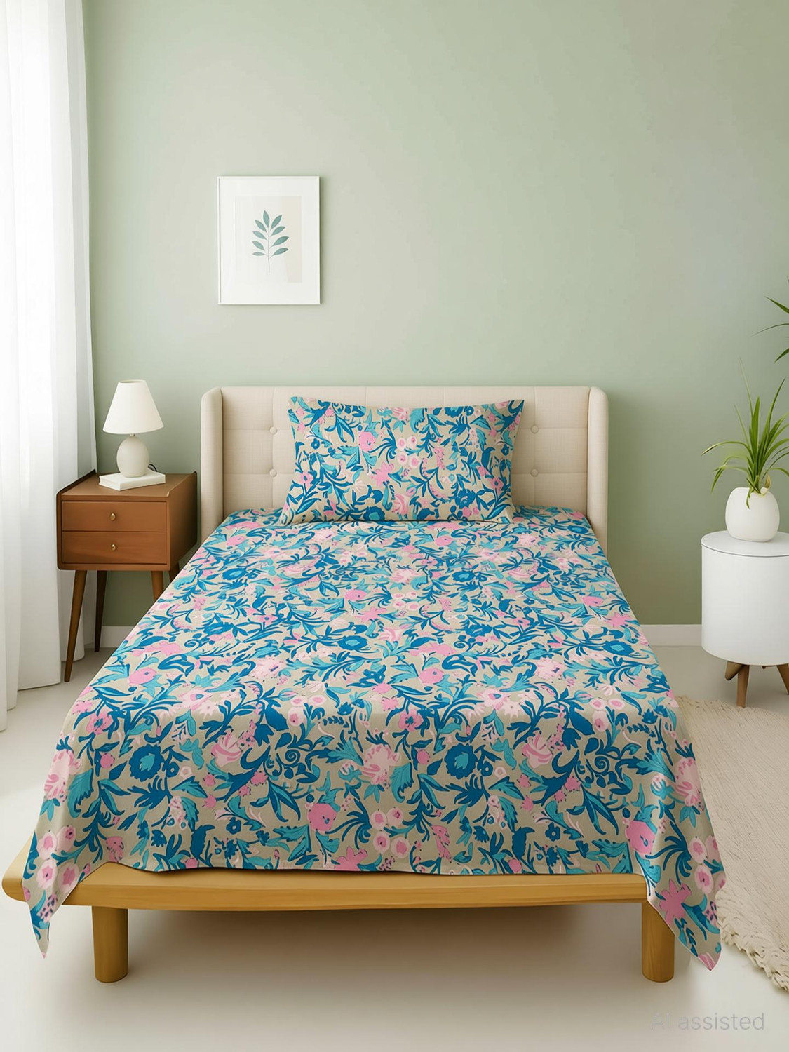 Image of Weave & Decor Cotton Single Flat 144 TC Printed 1 Summer Bedsheet with 2 Pillow Covers