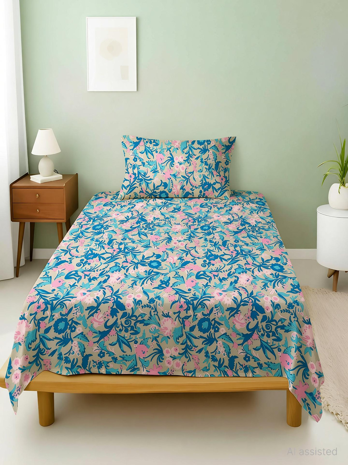 Image of Weave & Decor Cotton Single Flat 144 TC Printed 1 Summer Bedsheet with 2 Pillow Covers