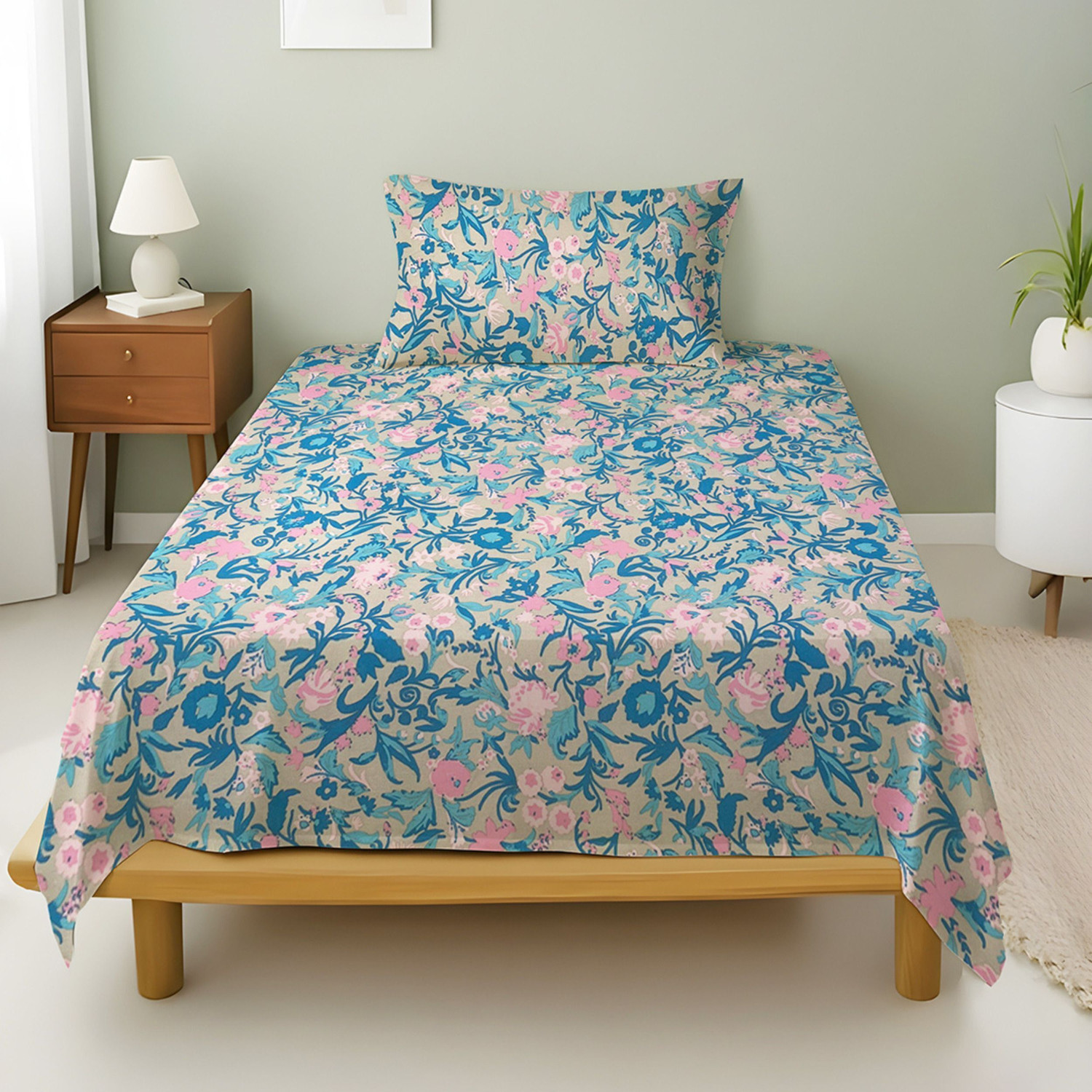 Image of Weave & Decor Cotton Single Flat 144 TC Printed 1 Summer Bedsheet with 2 Pillow Covers