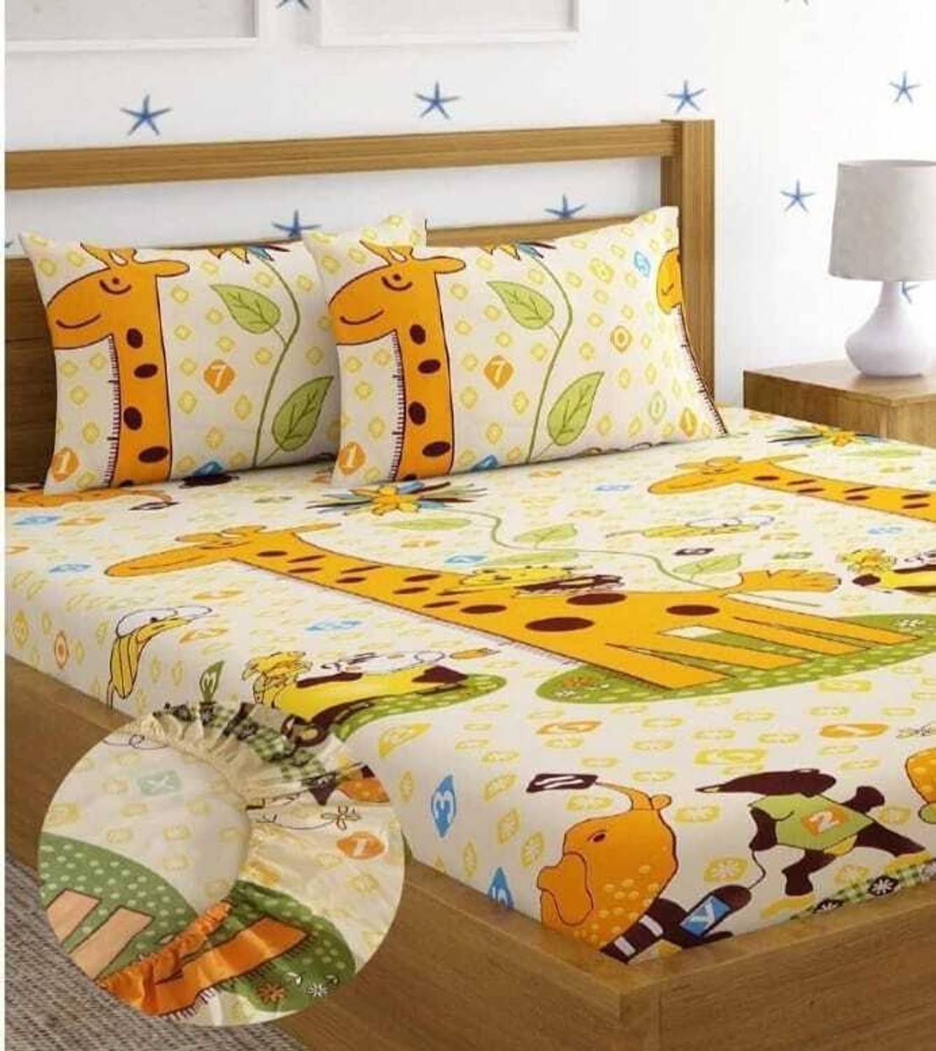 Akshra Loomtex Cotton, Polyester King Fitted (Elastic) 250 TC Printed 1 Bedsheet with 2 Pillow Covers