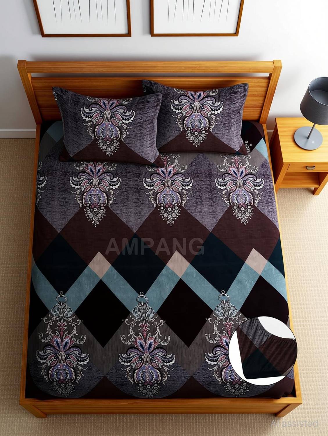 adhb Cotton Double Fitted (Elastic) 320 TC Checkered 1 Bedsheet with 2 Pillow Covers