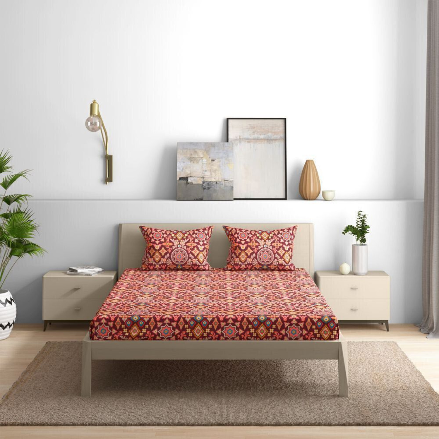 Image of Wakefit Cotton Queen Fitted (Elastic) 144 TC Printed 1 Bedsheet with 2 Pillow Covers