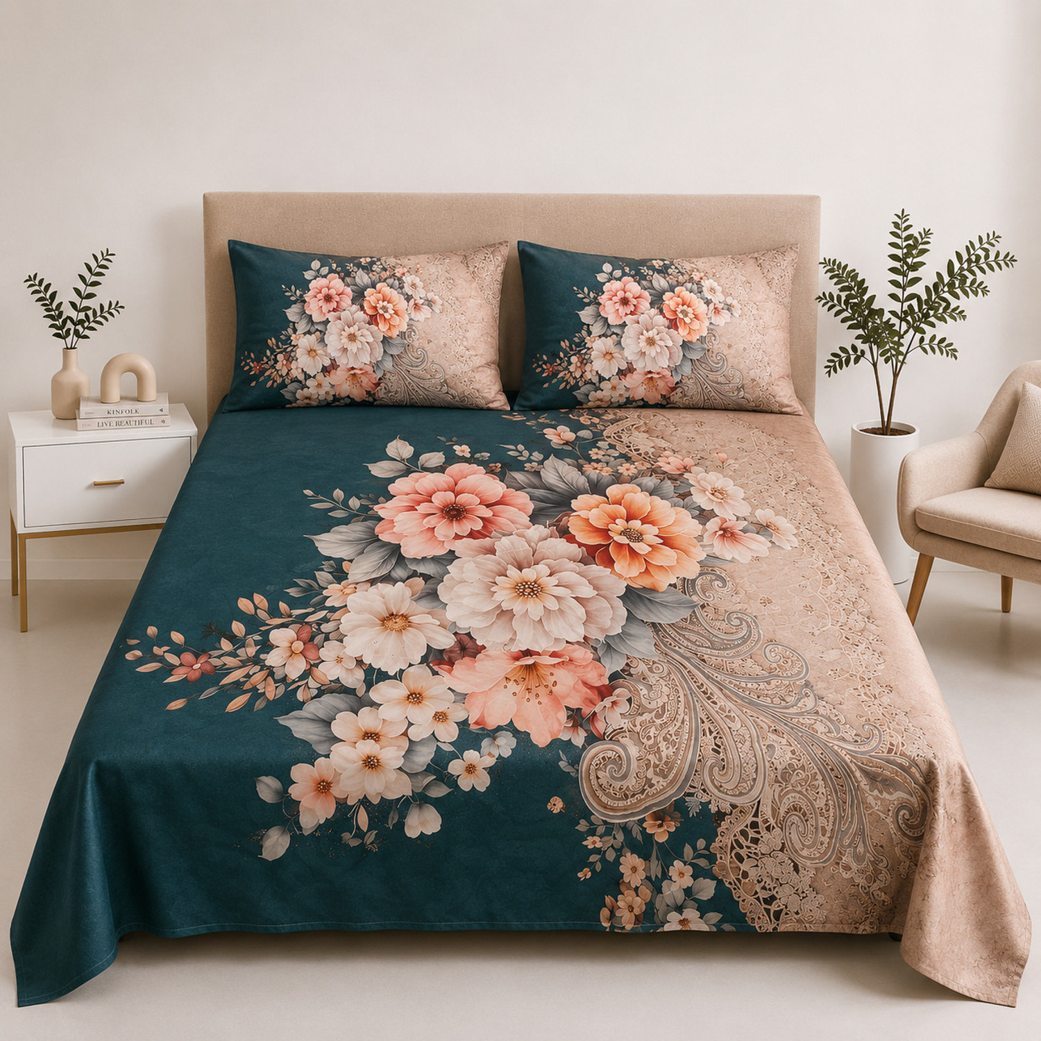Image of Rangrika.in Cotton Double Flat 250 TC Floral 1 Summer Bedsheet with 2 Pillow Covers