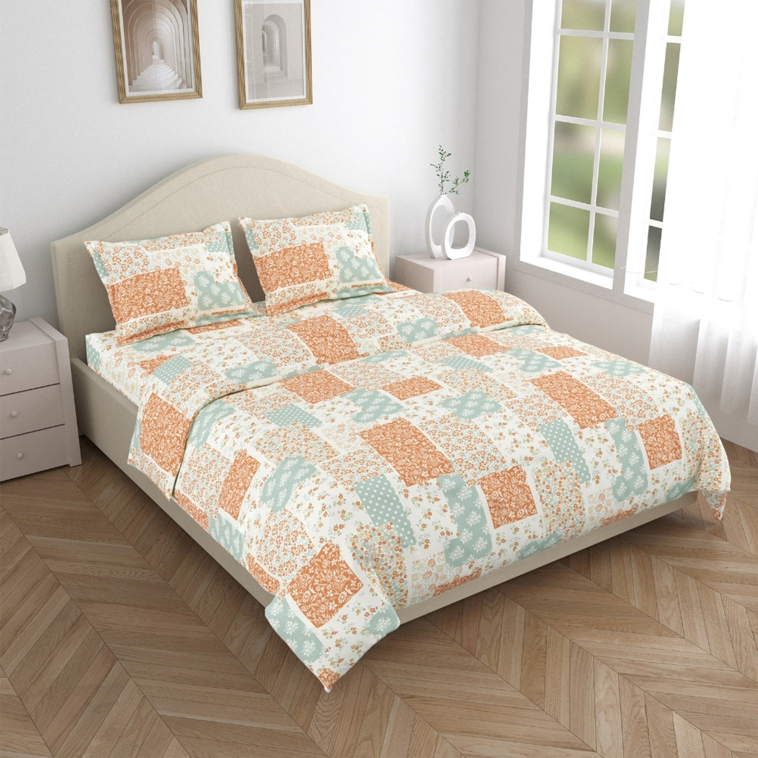 Image of haus & kinder Cotton Double Fitted (Elastic) 144 TC Printed 1 Bedsheet with 2 Pillow Covers