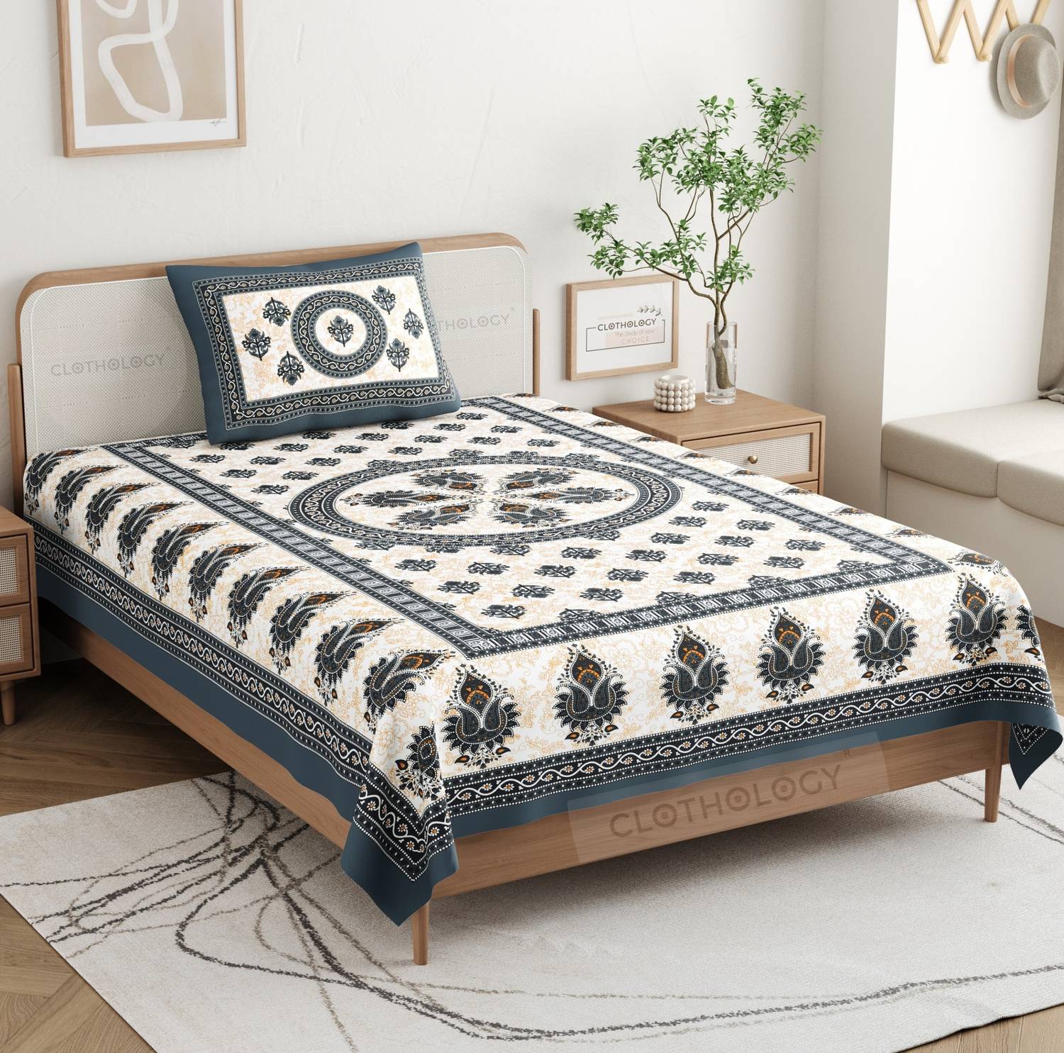 CLOTHOLOGY Cotton Single Flat 144 TC Jaipuri Prints 1 Bedsheet (N