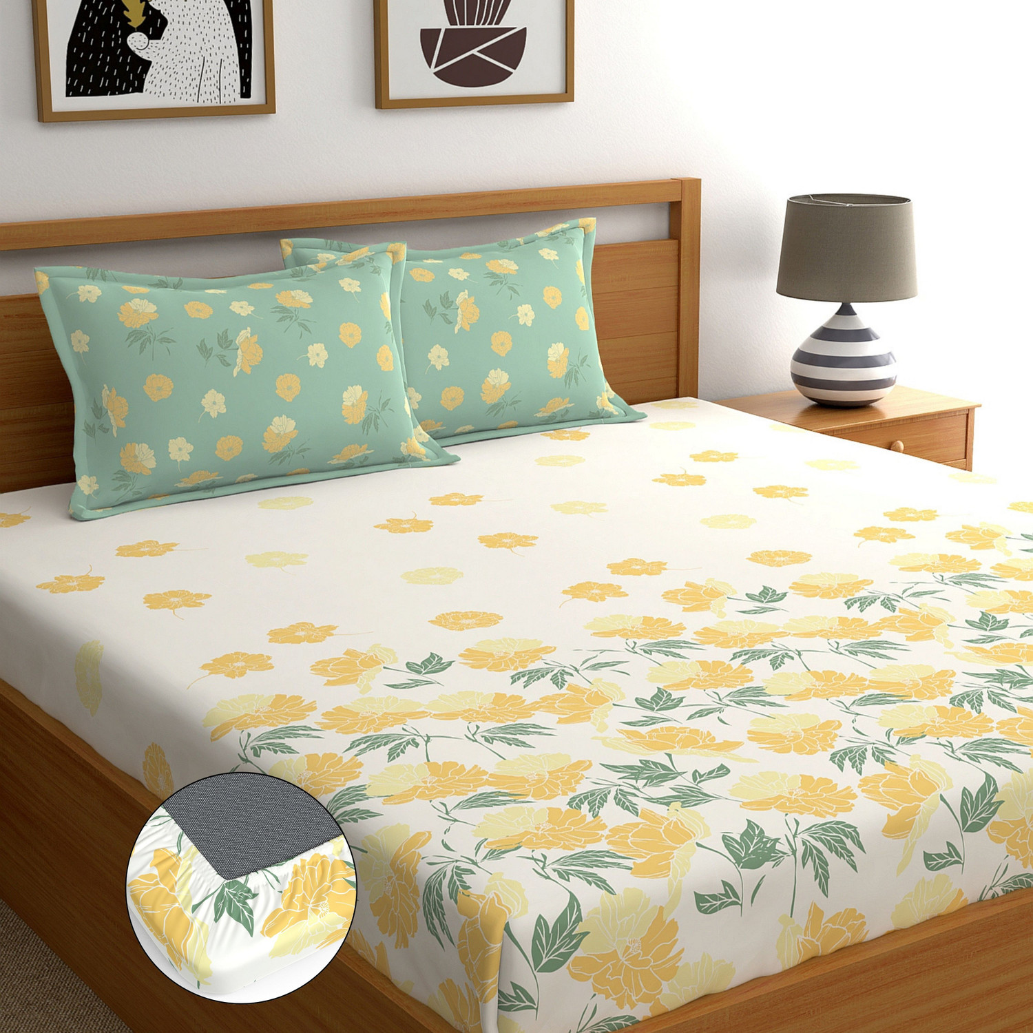 Image of Dreamscape Cotton King Fitted (Elastic) 140 TC Printed 1 Bedsheet with 2 Pillow Covers