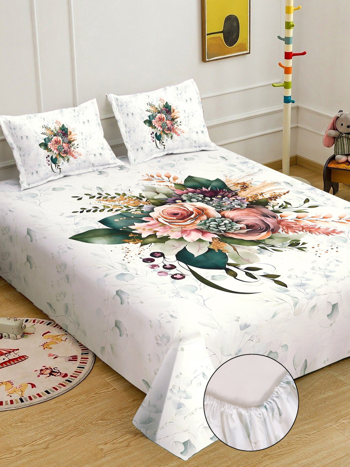 Image of Klotthe Cotton Blend King Fitted (Elastic) 400 TC Floral 1 Bedsheet