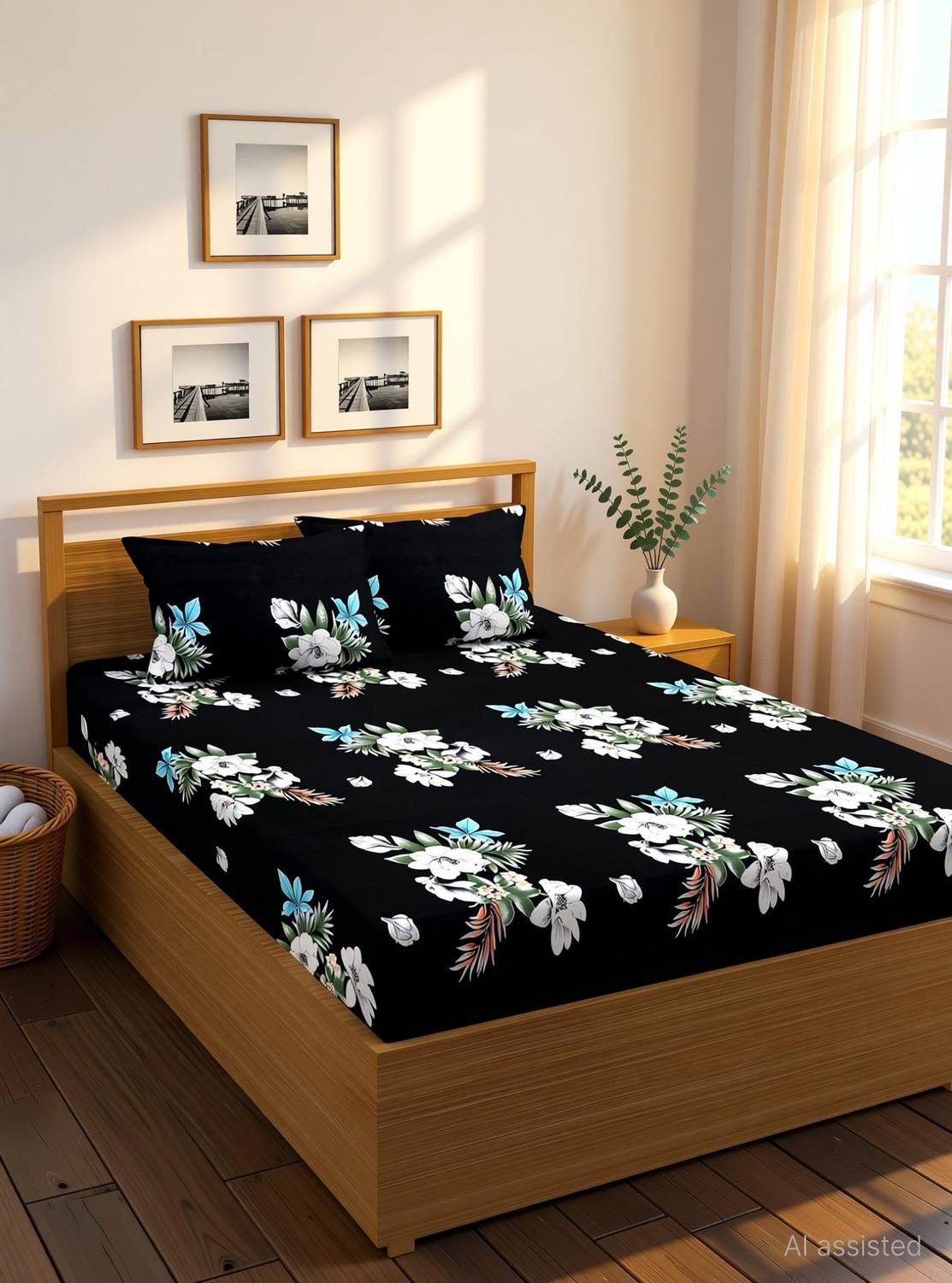 Amrange Microfiber King Fitted (Elastic) 210 TC 3D Printed 1 Bedsheet with 2 Pillow Covers