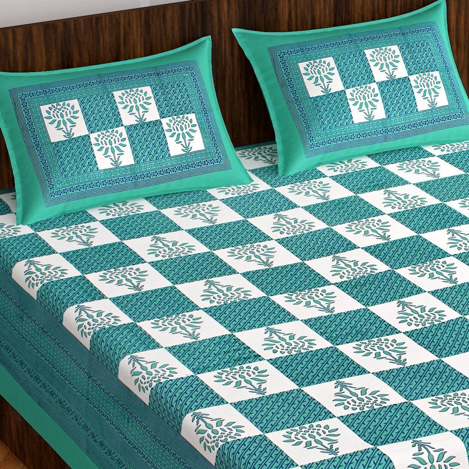 CLOTHOLOGY Cotton Double Flat 144 TC Jaipuri Prints 1 Bedsheet wi
