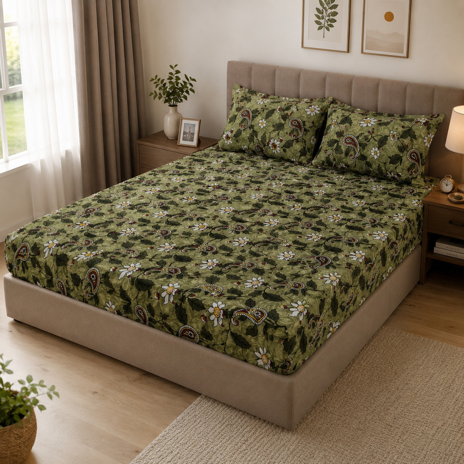 Image of Valemo & co. Cotton Double, King Fitted (Elastic) 210 TC Printed 1 Bedsheet with 2 Pillow Covers (Multicolor)