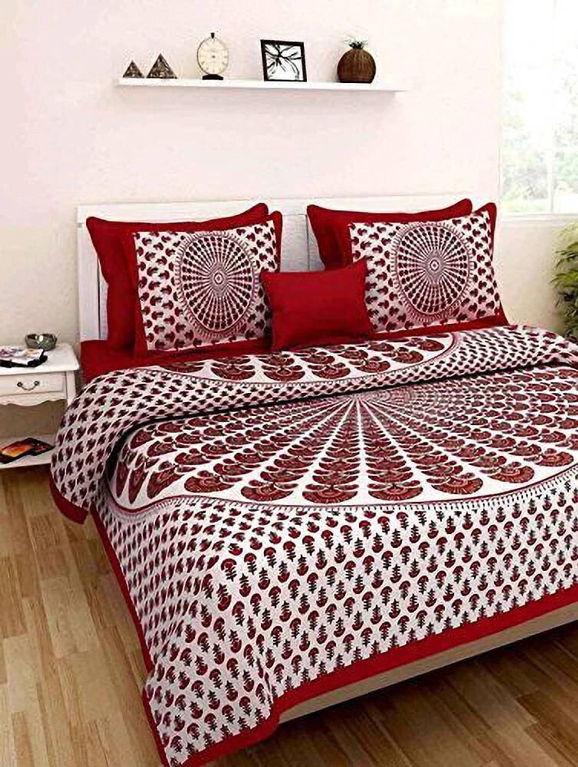 VKART Cotton Double Flat 144 TC Jaipuri Prints 1 Bedsheet with 2