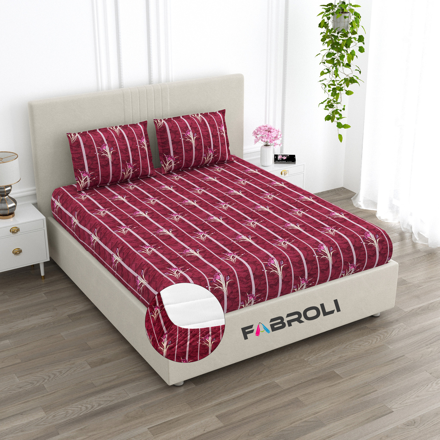 Image of Fabroli Cotton Double Fitted (Elastic) 300 TC Printed 1 Bedsheet with 2 Pillow Covers
