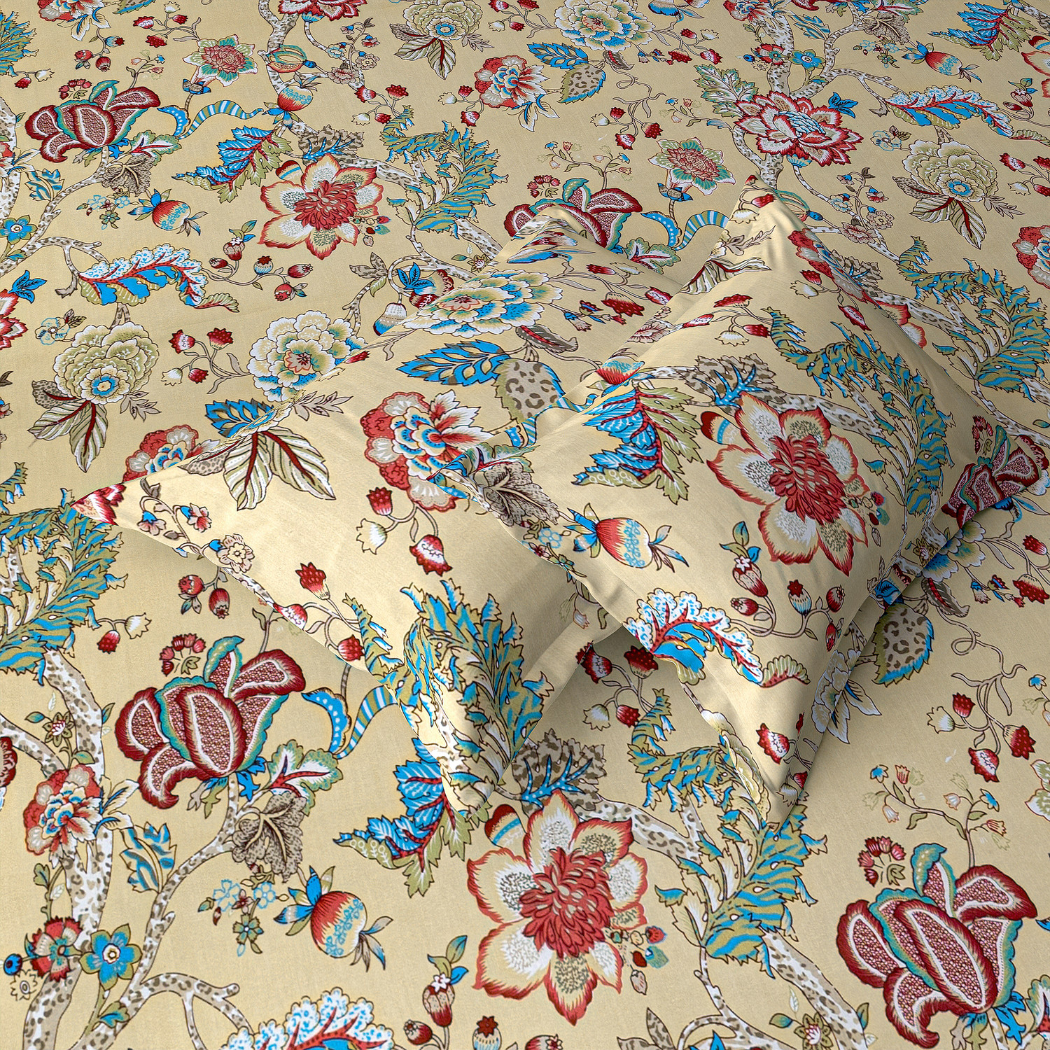 Image of Trance Home Linen Cotton Single Fitted (Elastic) 144 TC Printed 1 Bedsheet with 2 Pillow Covers (Malhaar Beige)