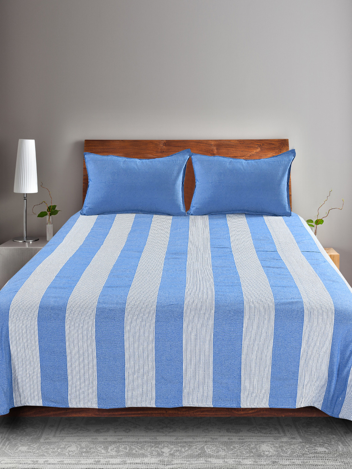 Image of Saral Home Cotton Double Flat 350 TC Striped 1 Bedsheet with 2 Pillow Covers
