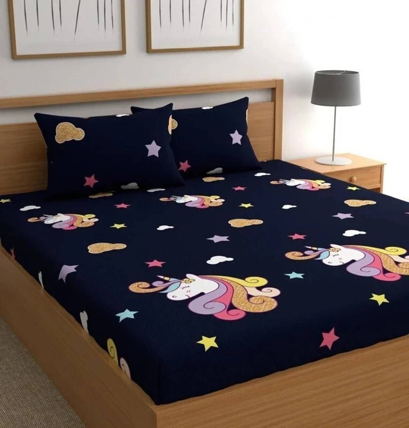 A11 M@LL Cotton King Fitted (Elastic) 240 TC Cartoon 1 Bedsheet with 2 Pillow Covers