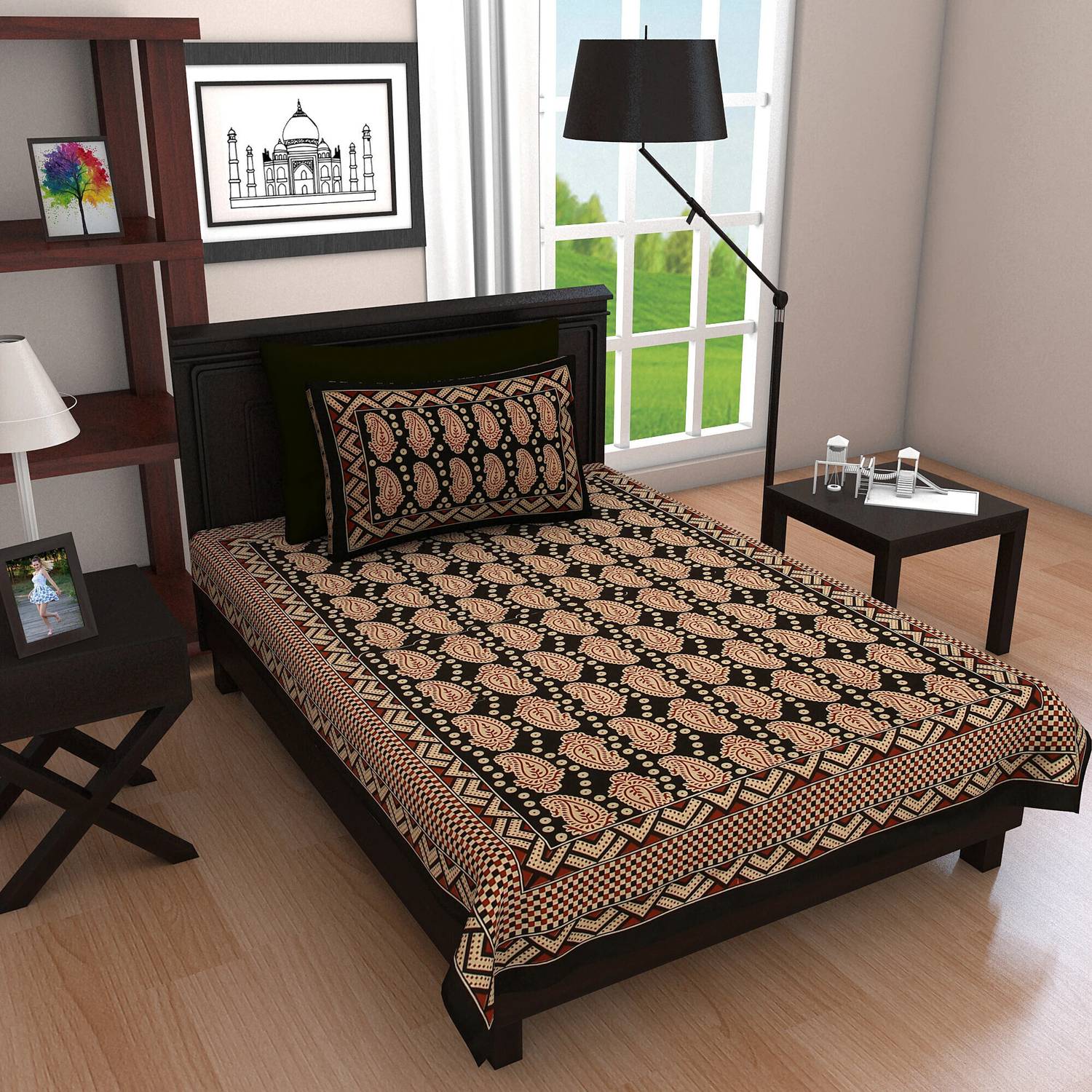Monik Handicrafts Cotton Single Flat 104 TC Jaipuri Prints 1 Beds