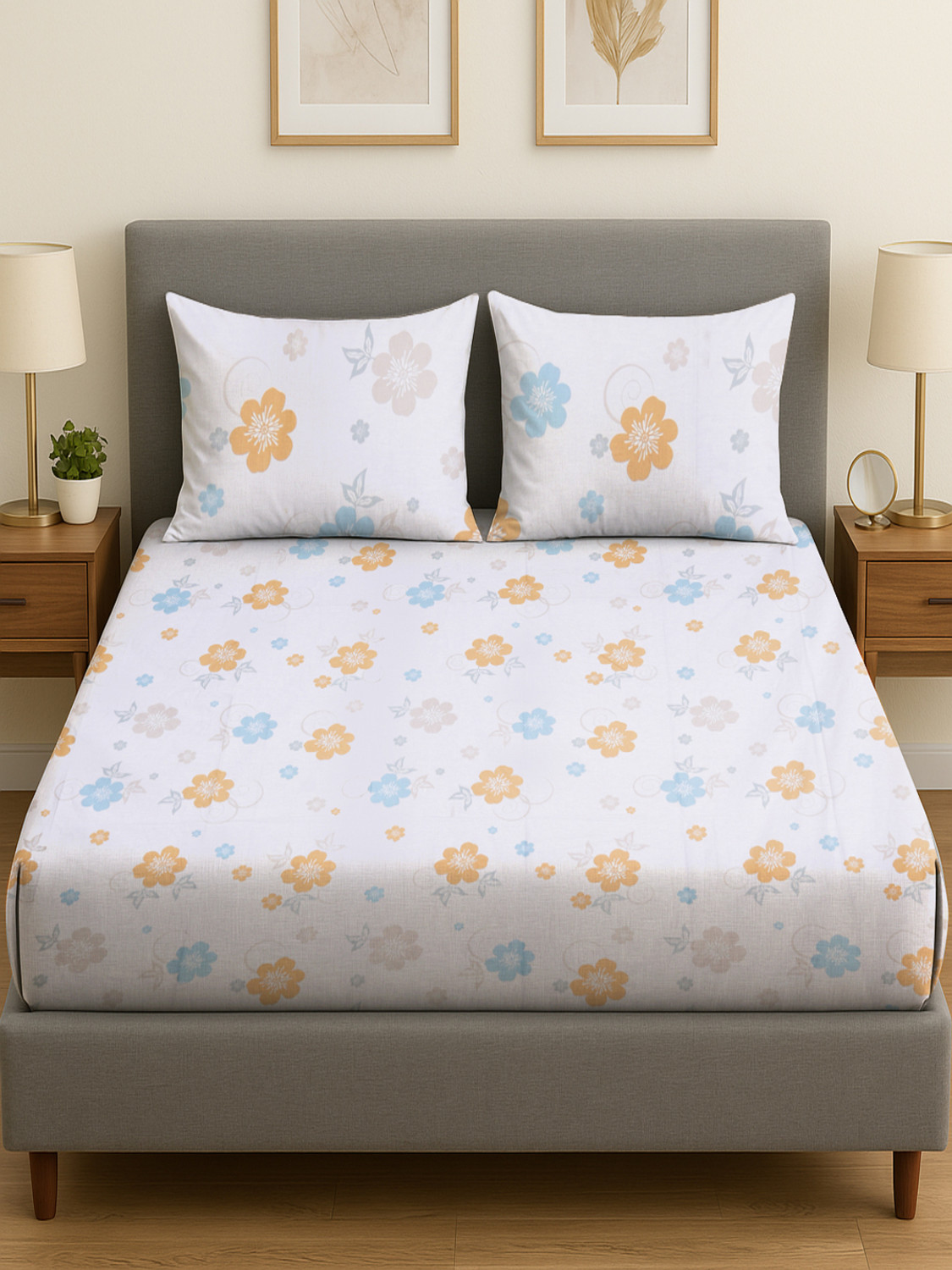 Image of Flipkart SmartBuy Cotton King Flat 144 TC Printed 1 Bedsheet with 2 Pillow Covers
