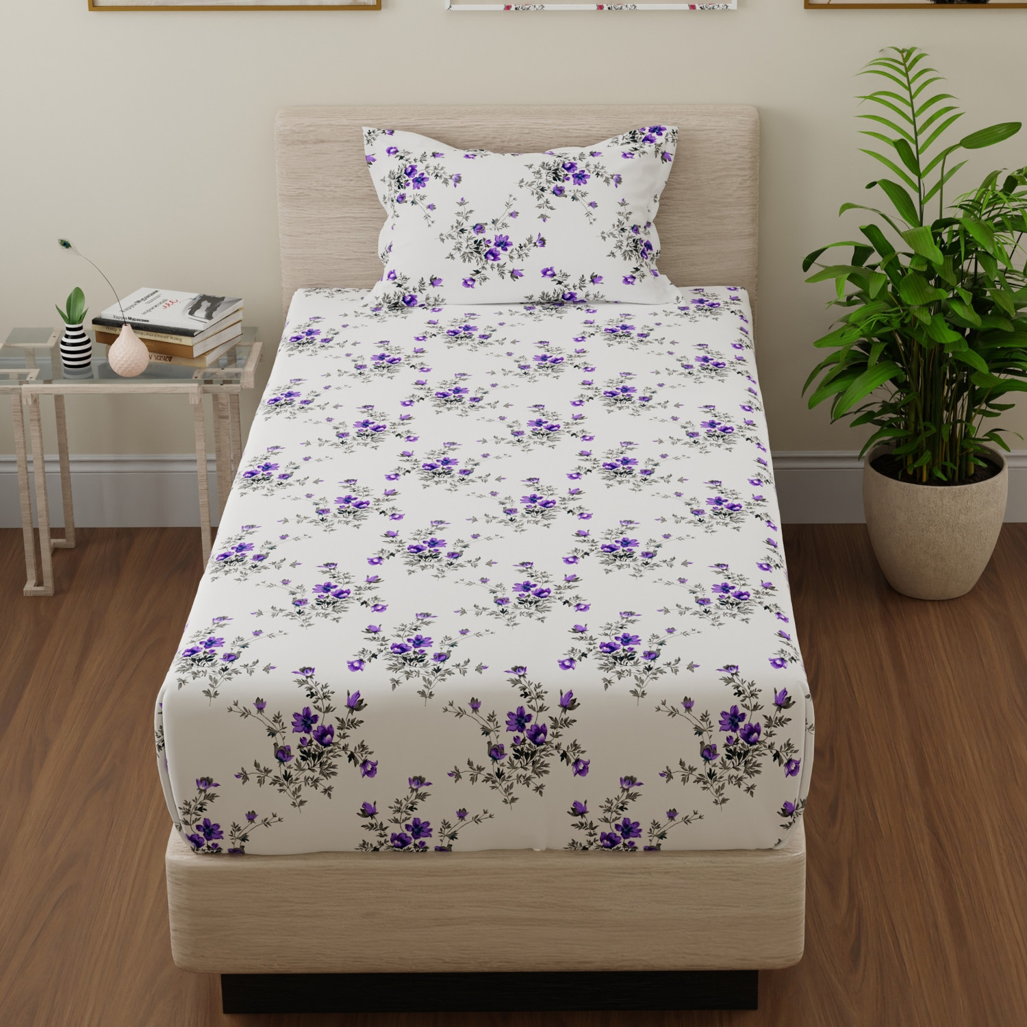 Image of Huesland Cotton Single Flat 144 TC Floral 1 Bedsheet with 2 Pillow Covers