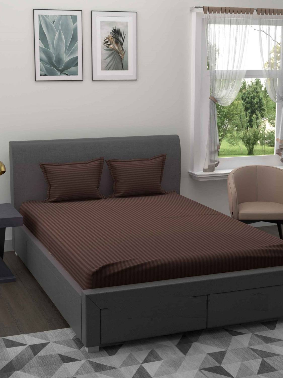 BROMWICK Microfiber Double Flat 300 TC Striped 1 Bedsheet with 2