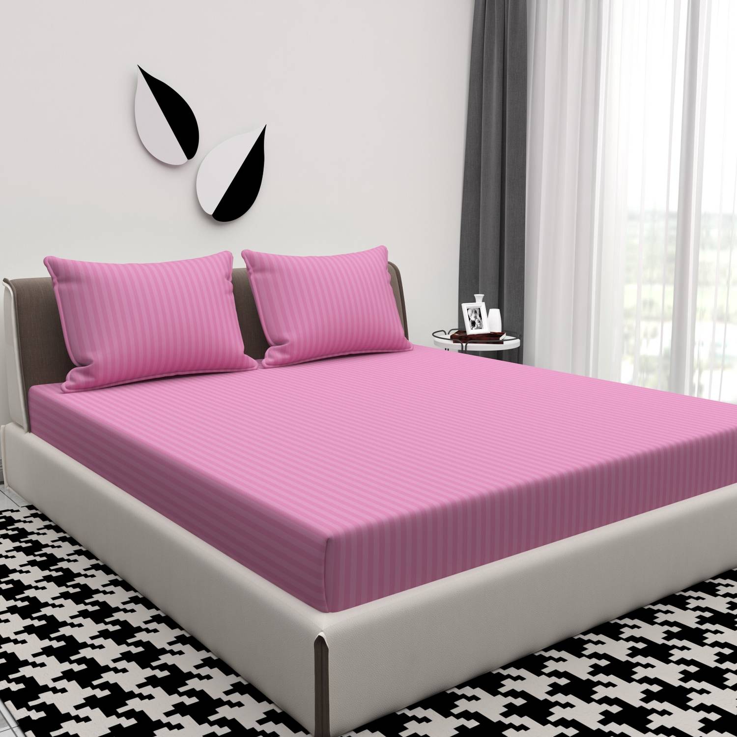 BROMWICK Microfiber Double Flat 300 TC Striped 1 Bedsheet with 2