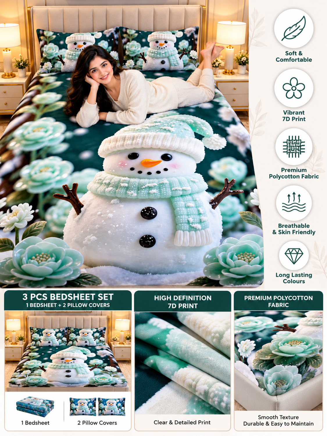 Image of T M Enterprises Cotton Blend Double Flat 300 TC 7D Digital 1 Bedsheet (Multicolor)