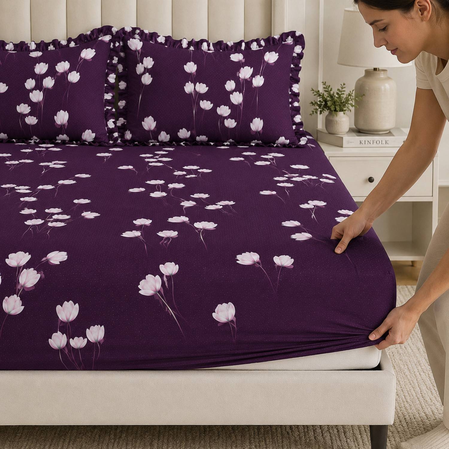Amrange 180 TC Floral King Fitted Bedsheet with 2 Pillow Covers - Image 3