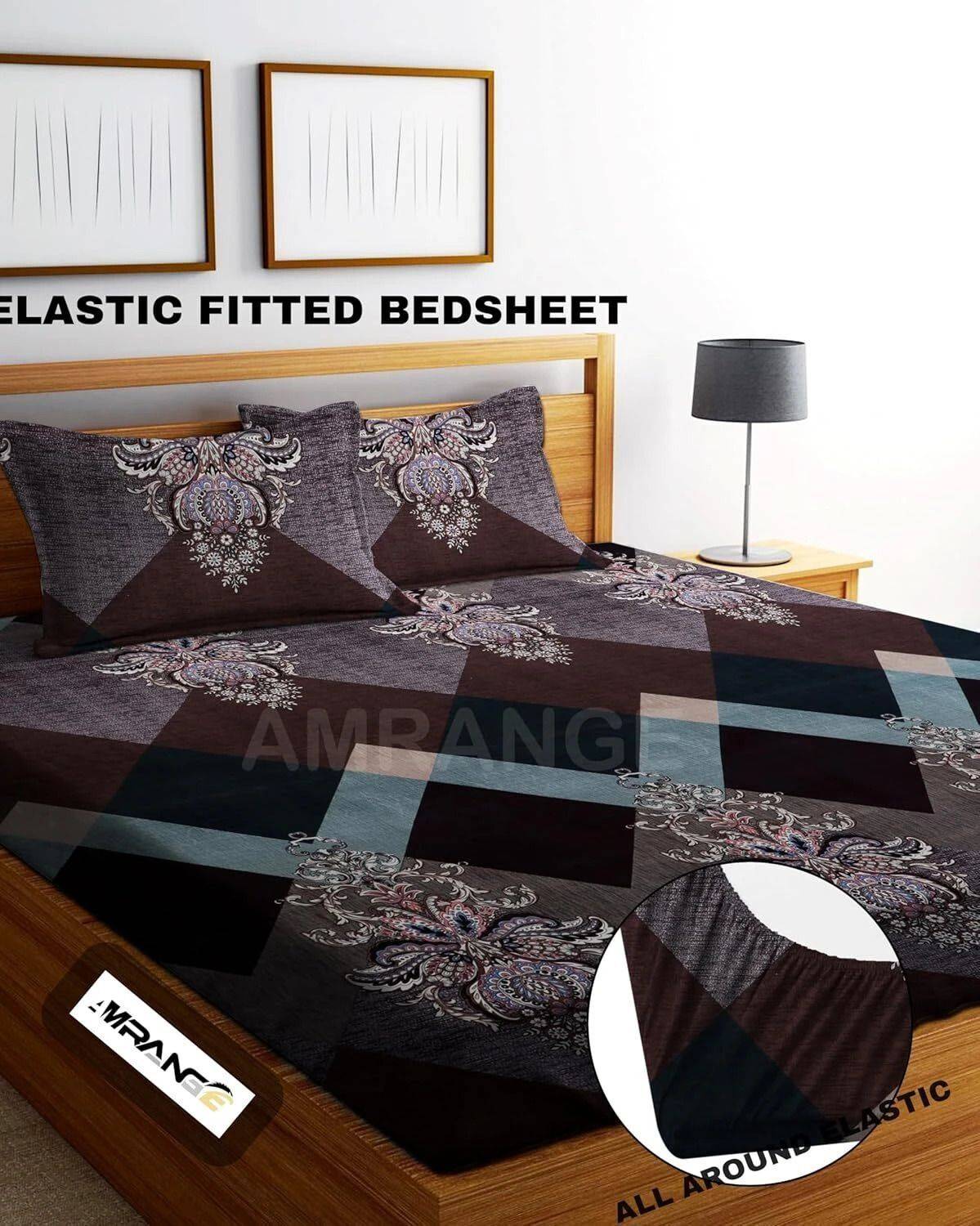 adhb Cotton Double Fitted (Elastic) 244 TC Checkered 1 Bedsheet with 2 Pillow Covers