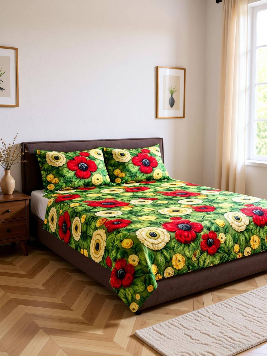 Adidev Cotton, Microfiber Double Fitted (Elastic) 350 TC 7D Digital 1 Bedsheet with 2 Pillow Covers
