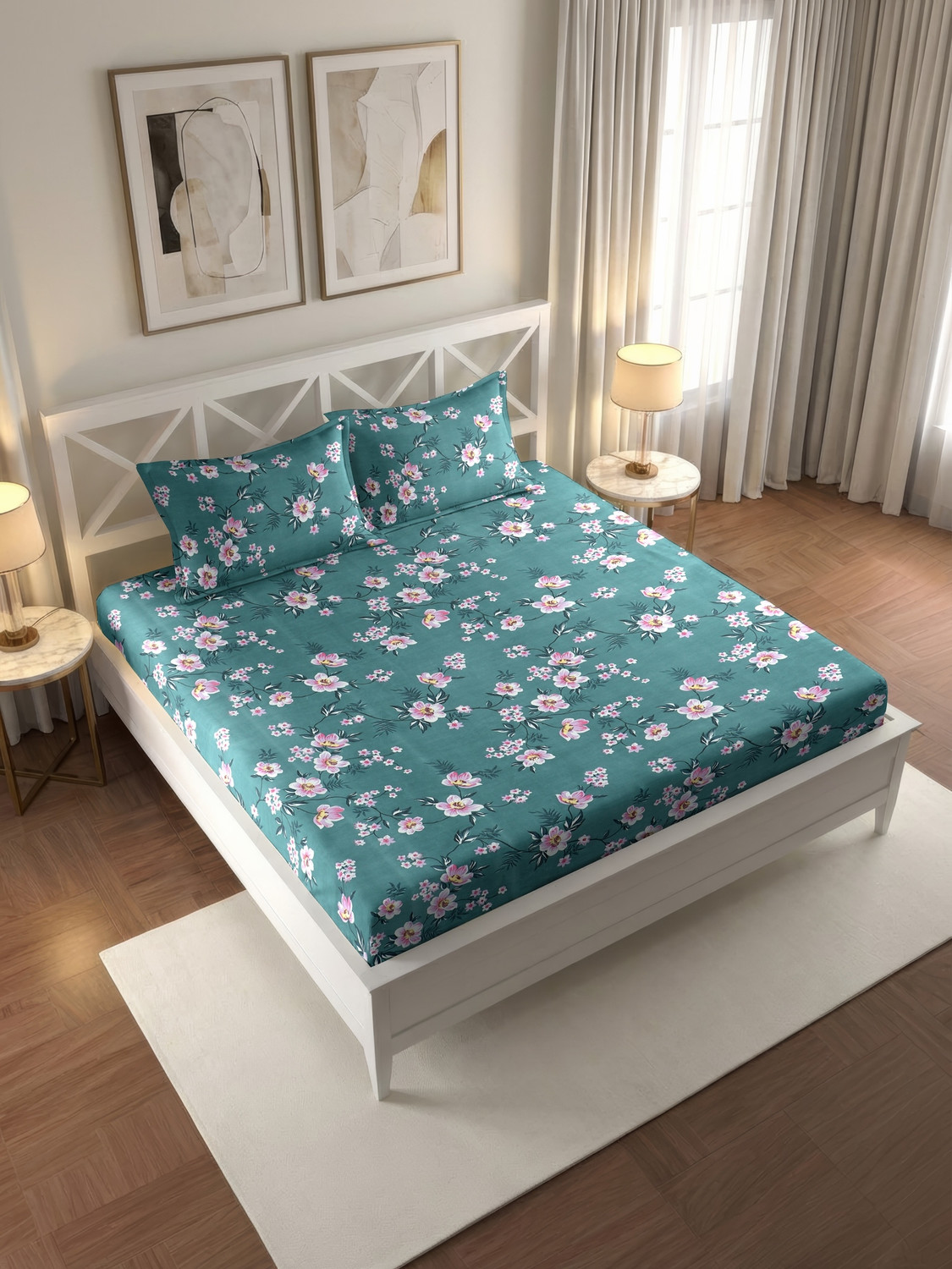 Image of IWS Cotton Double Fitted (Elastic) 144 TC Floral 1 Bedsheet