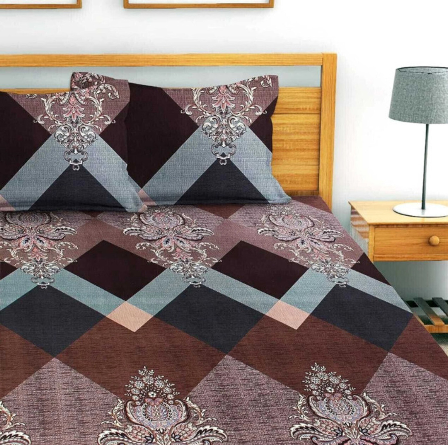 Image of TrueBuy Cotton King Fitted (Elastic) 320 TC Printed 1 Summer Bedsheet with 2 Pillow Covers
