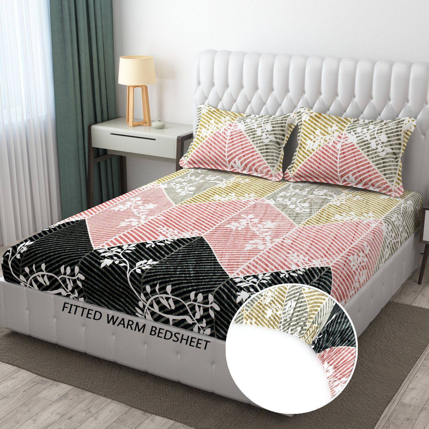 BLUEDOT Fleece King Fitted (Elastic) 200 TC Self Design 1 Bedsheet with 2 Pillow Covers