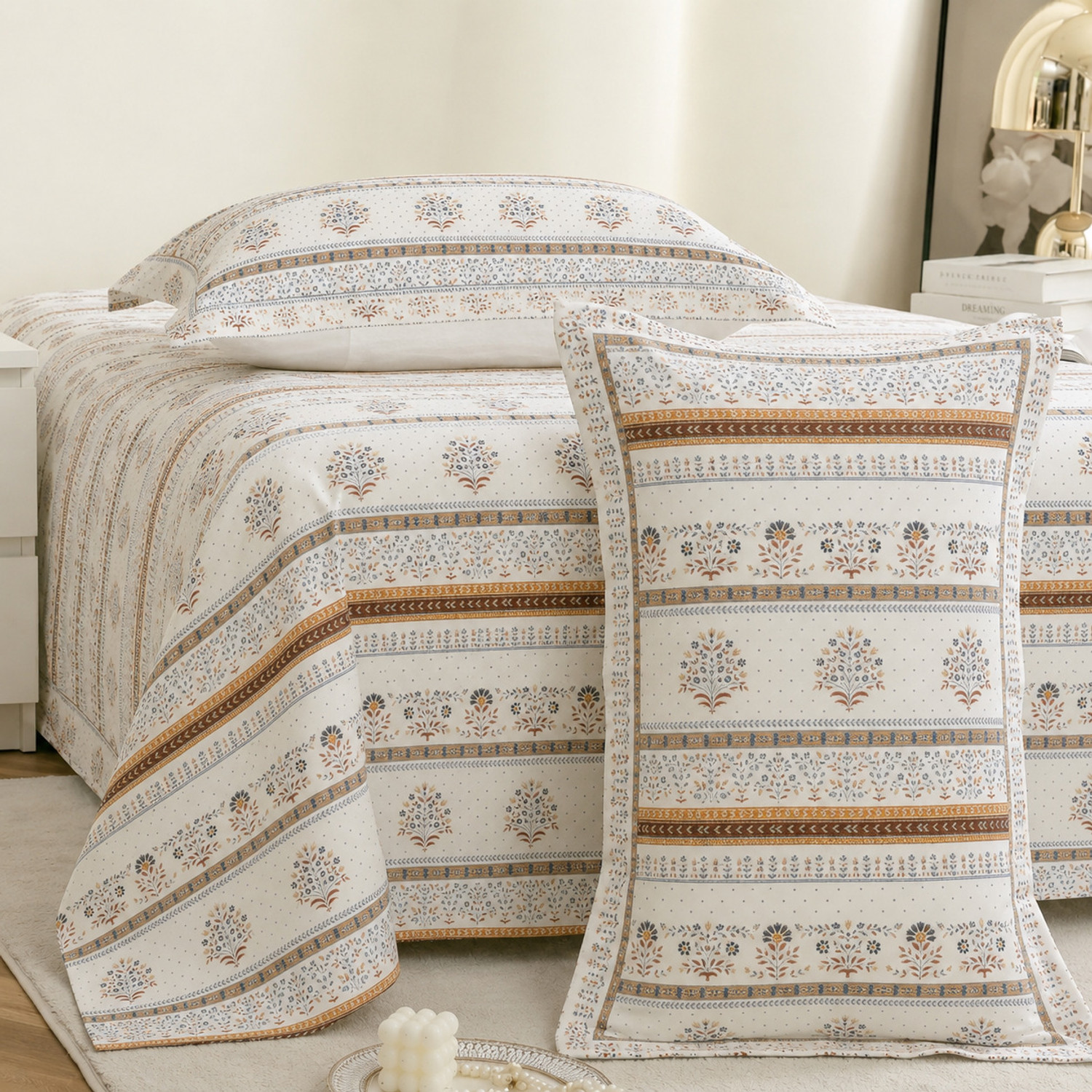 Image of Fashancy Cotton King Flat 300 TC Floral 1 Summer Bedsheet with 2 Pillow Covers