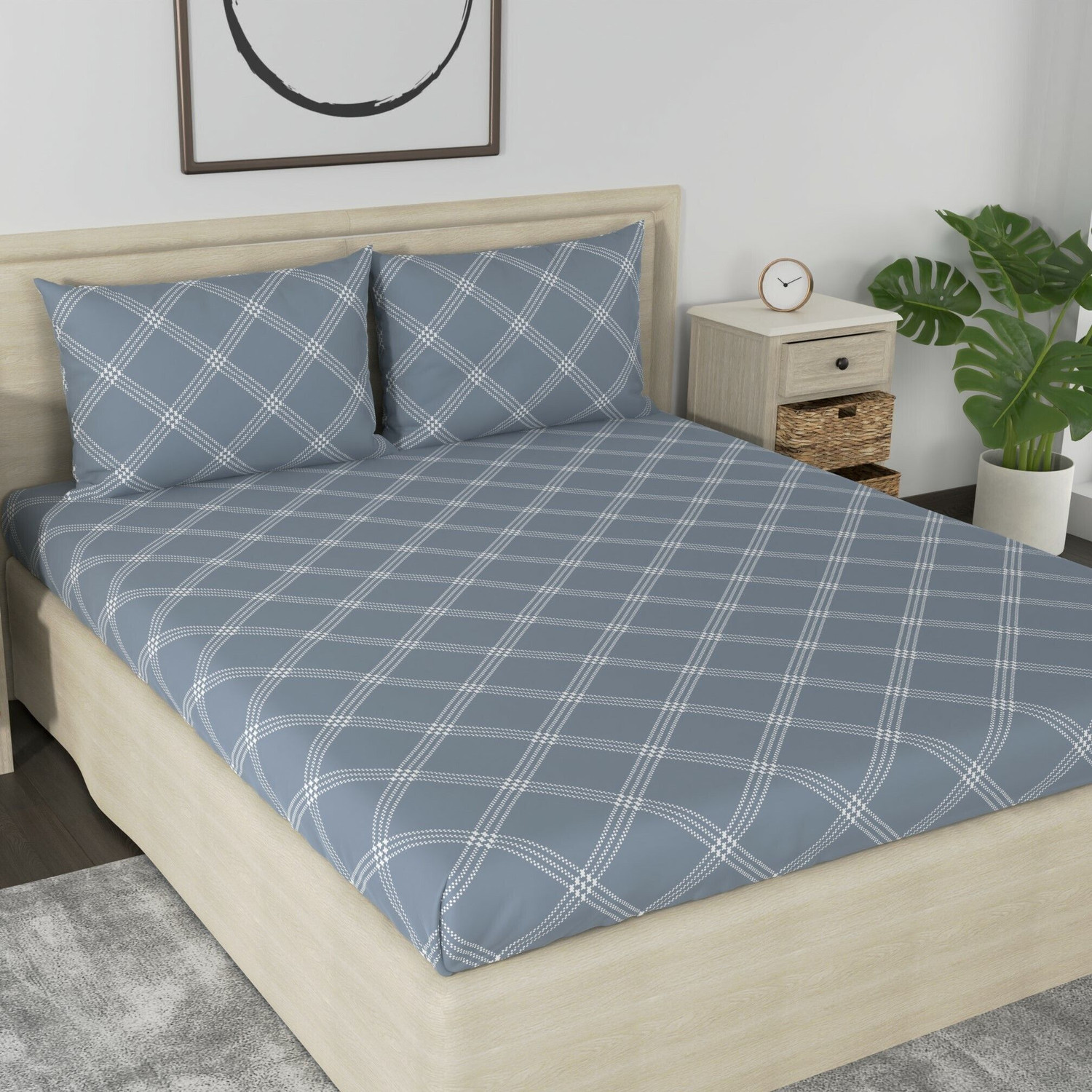 Image of Huesland Cotton Double Flat 210 TC Geometric 1 Bedsheet with 2 Pillow Covers