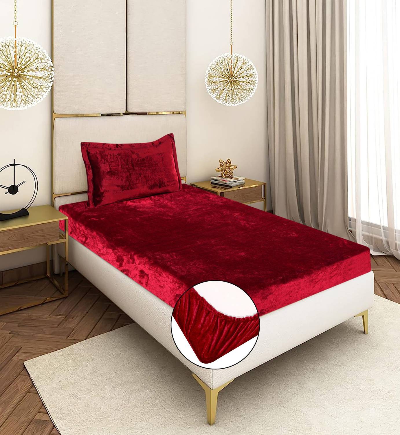 BLUEDOT Velvet Single Fitted (Elastic) 300 TC Solid 1 Bedsheet with 2 Pillow Covers
