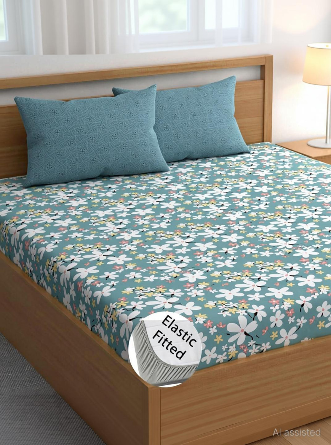 Image of ZYLLIX Cotton King Fitted (Elastic) 240 TC 3D Printed 1 Bedsheet with 2 Pillow Covers