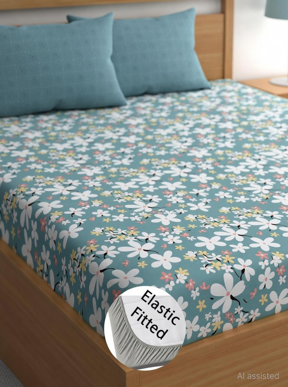 Image of ZYLLIX Cotton King Fitted (Elastic) 240 TC 3D Printed 1 Bedsheet with 2 Pillow Covers