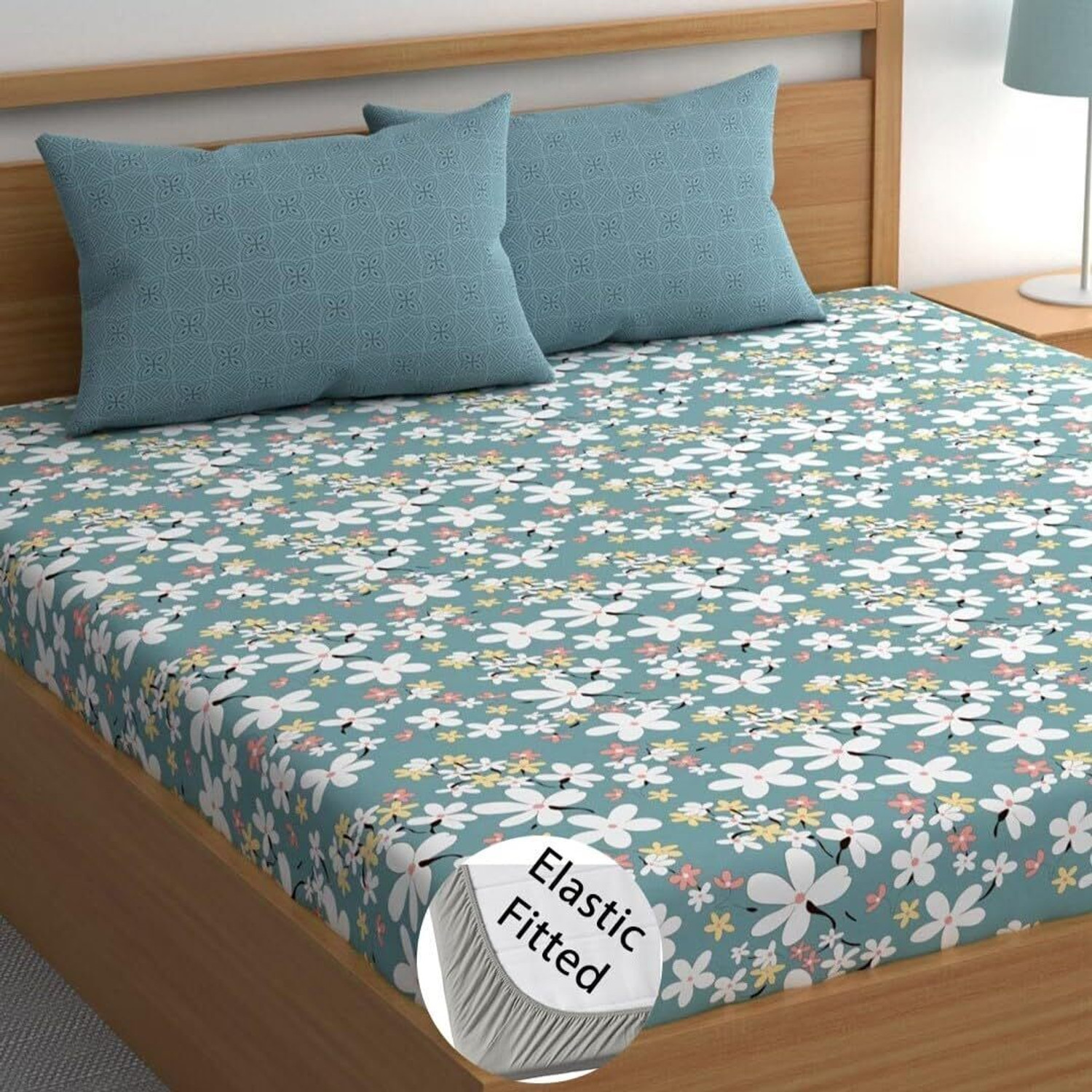 Image of ZYLLIX Cotton King Fitted (Elastic) 240 TC 3D Printed 1 Bedsheet with 2 Pillow Covers