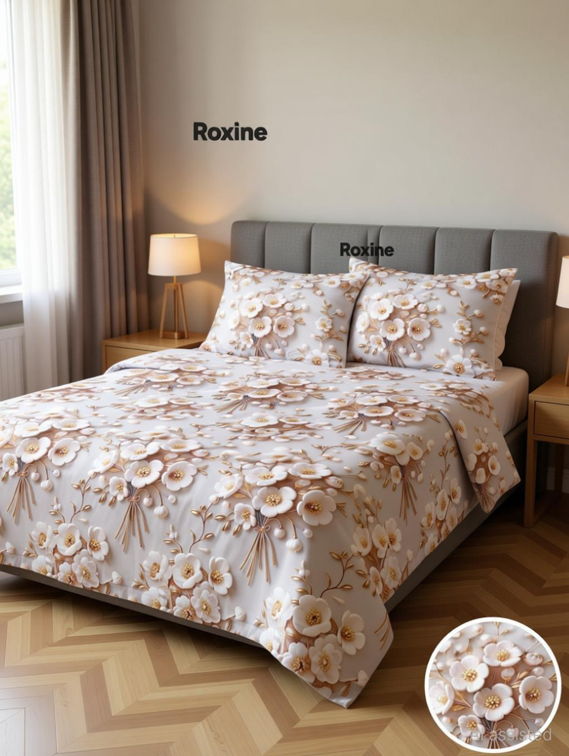 Image of Roxine Cotton King, Queen, Double Fitted (Elastic) 380 TC Self Design 1 Bedsheet
