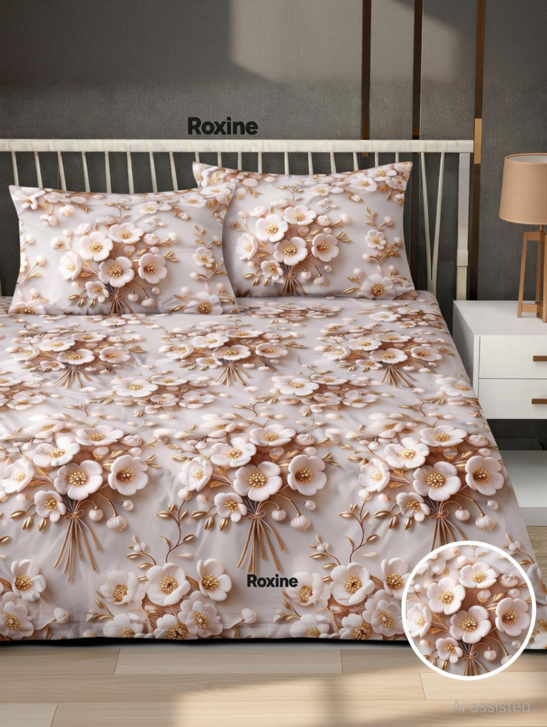 Image of Roxine Cotton King, Queen, Double Fitted (Elastic) 380 TC Self Design 1 Bedsheet