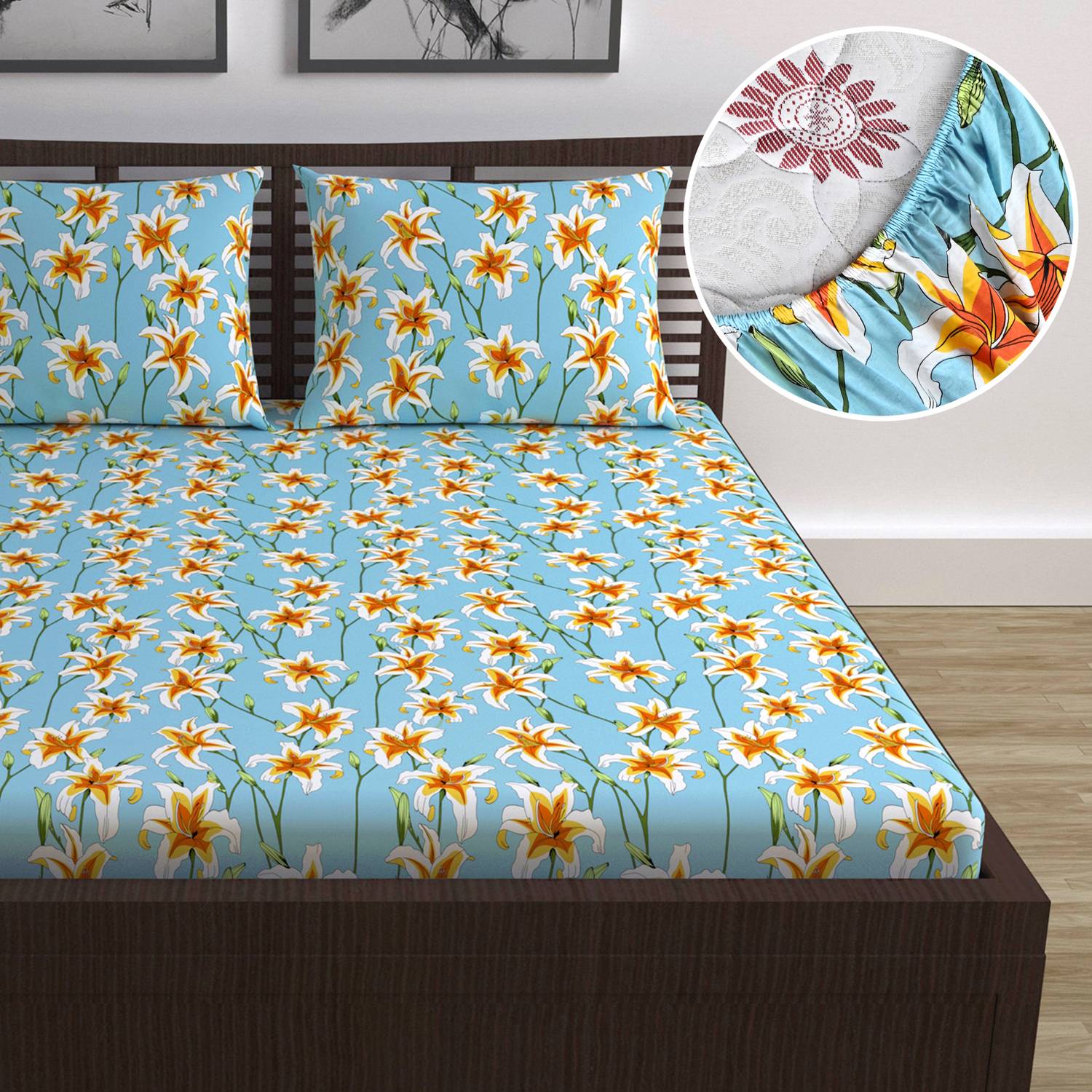 Divine Casa Cotton Double Fitted (Elastic) 144 TC Floral 1 Bedshe