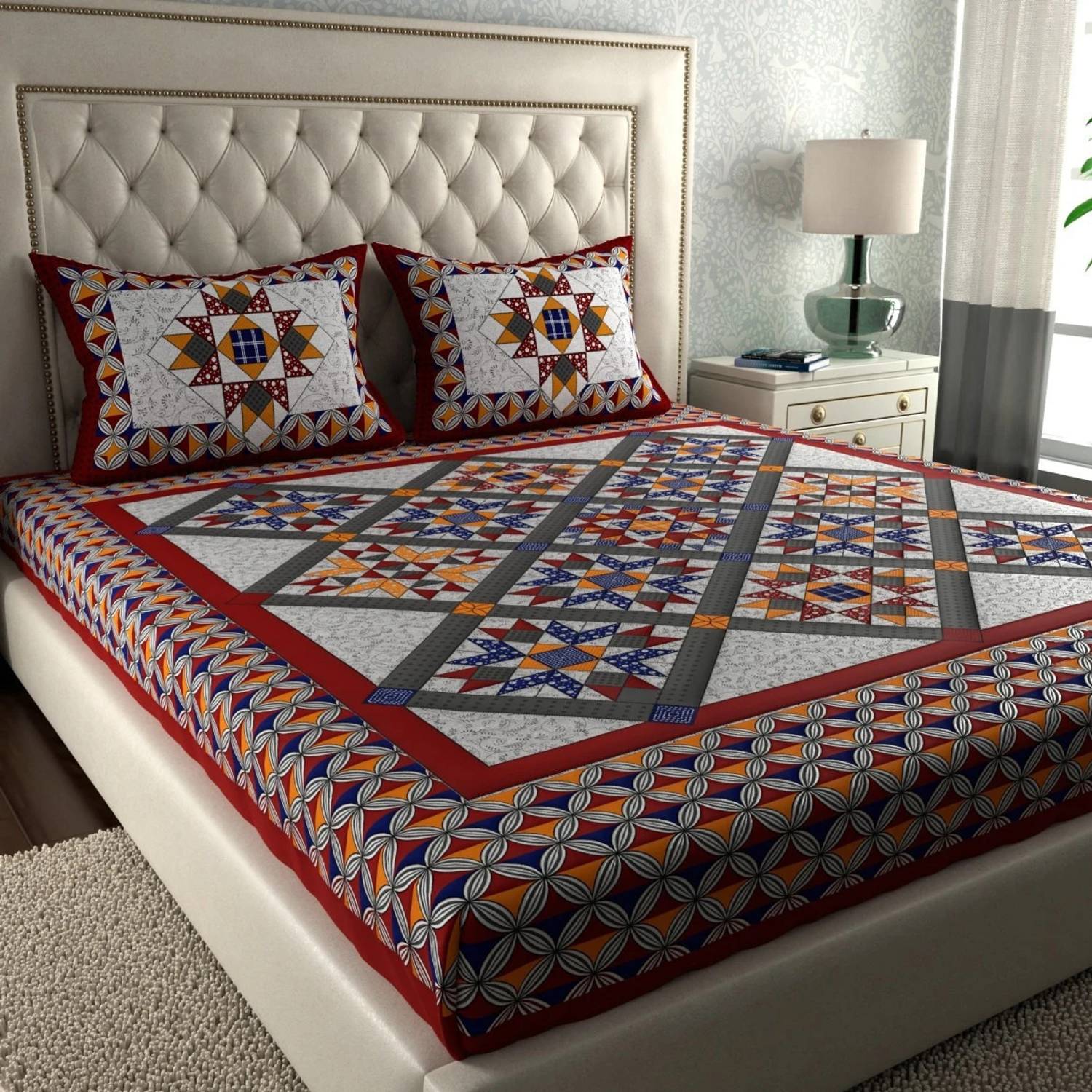 Cosito Cotton Double Flat 144 TC Printed 1 Bedsheet with 2 Pillow
