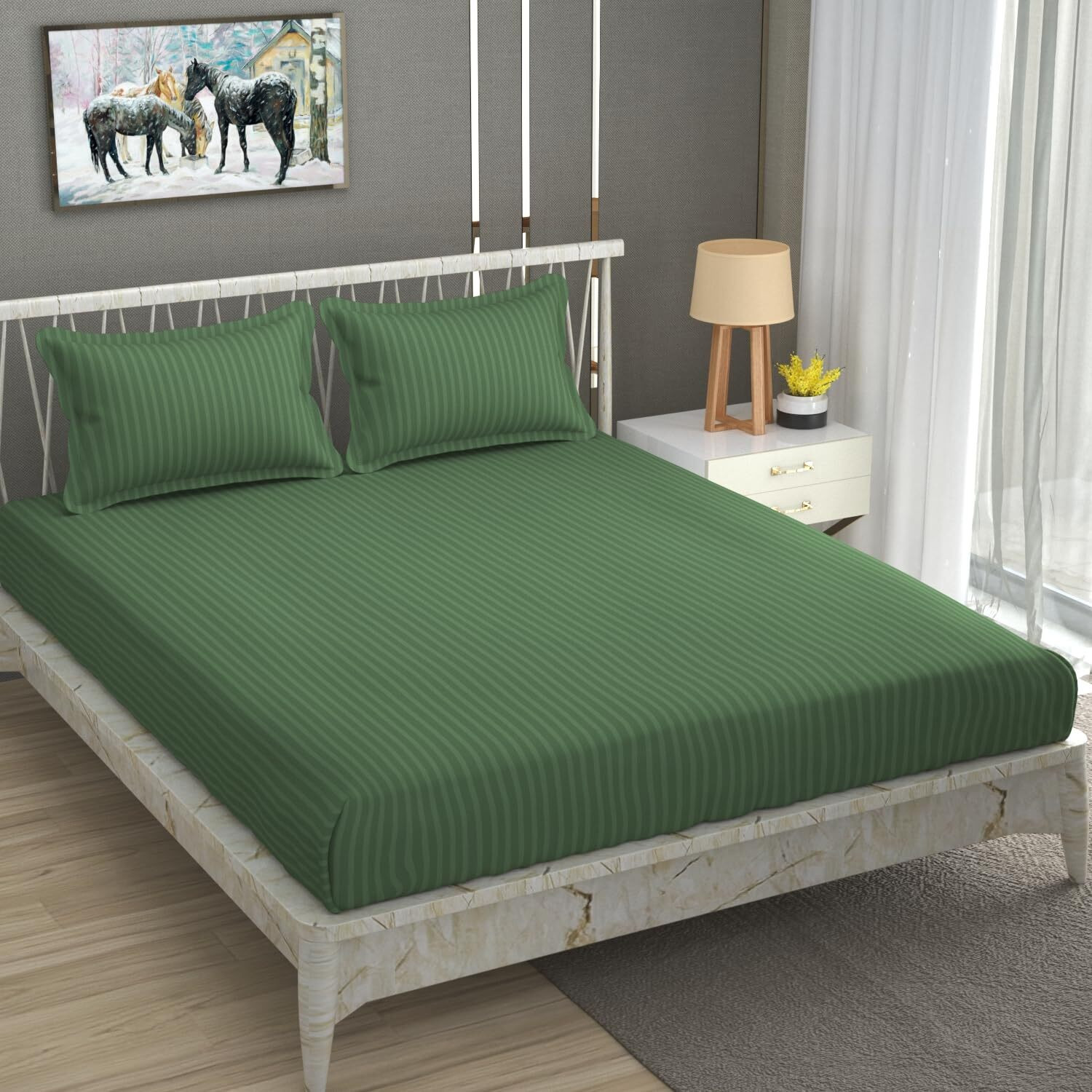 Image of HOMIMPEX Cotton, Microfiber Double Flat 350 TC Striped 1 Summer Bedsheet with 2 Pillow Covers