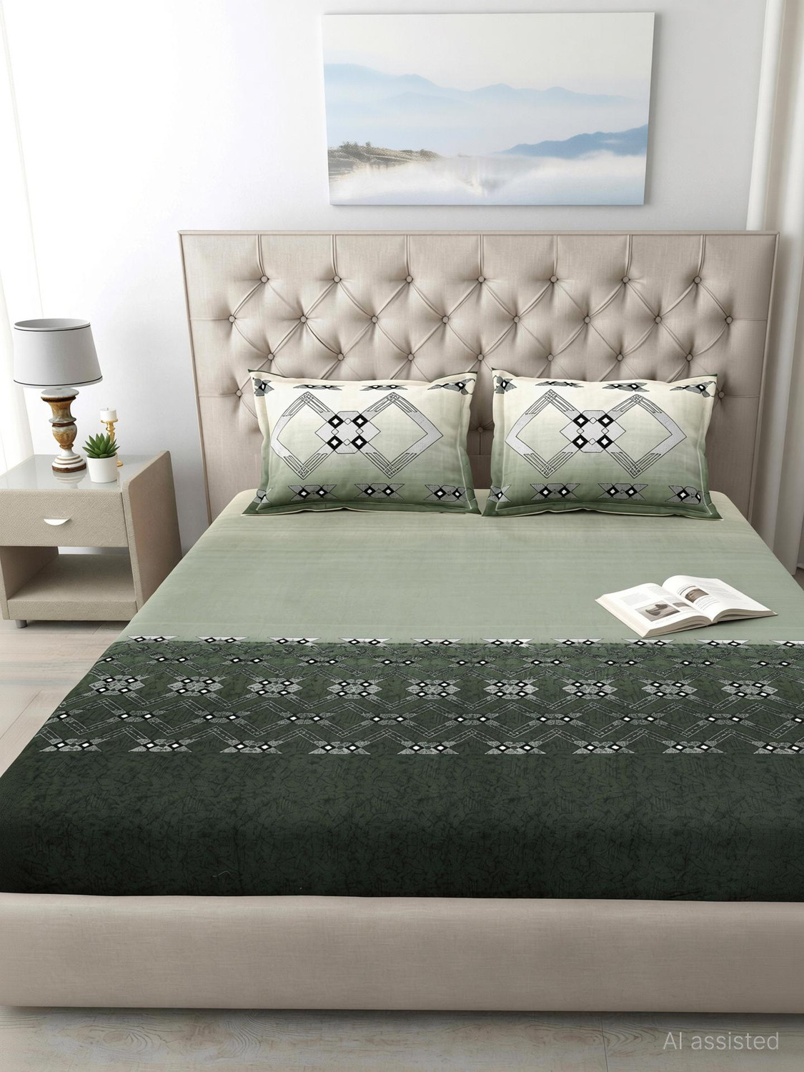 Image of Mafatlal Cotton King Flat 186 TC Geometric 1 Bedsheet with 2 Pillow Covers