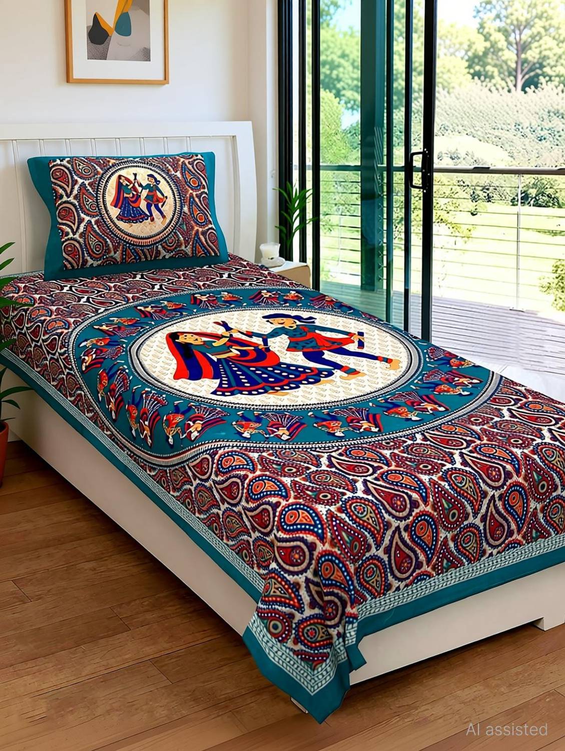 Leo Creation Cotton Single Flat 144 TC Jaipuri Prints 1 Bedsheet with 2 Pillow Covers