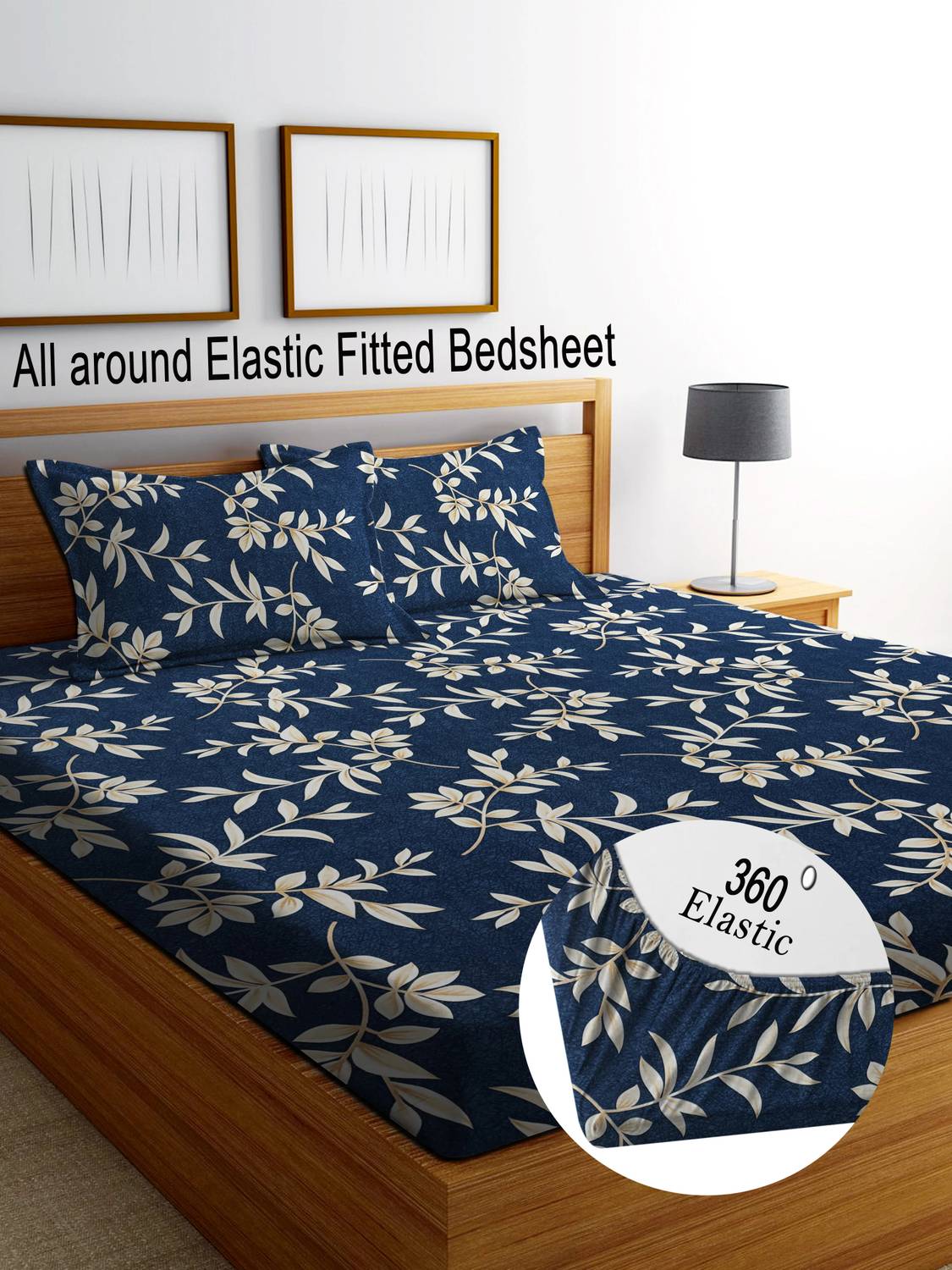 Bedress Cotton Double Fitted (Elastic) 300 TC Floral 1 Bedsheet with 2 Pillow Covers